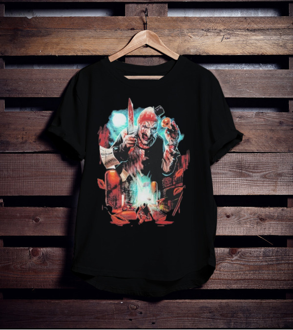 Terrifier Jokes On You Bloodstained Killer Clown With Knife And Newspaper T-Shirt