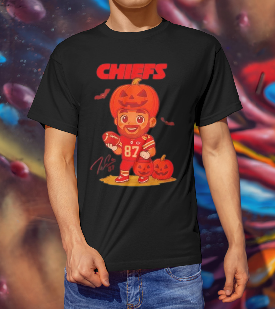 Travis Kelce Kansas City Chiefs Halloween 2025 Pumpkin Football Player Costume 87 T-Shirt
