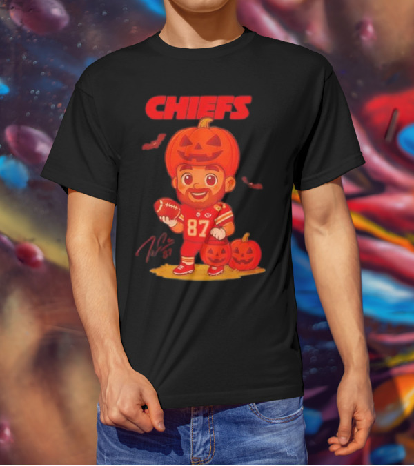 Travis Kelce Kansas City Chiefs Halloween 2025 Pumpkin Football Player Costume 87 T-Shirt