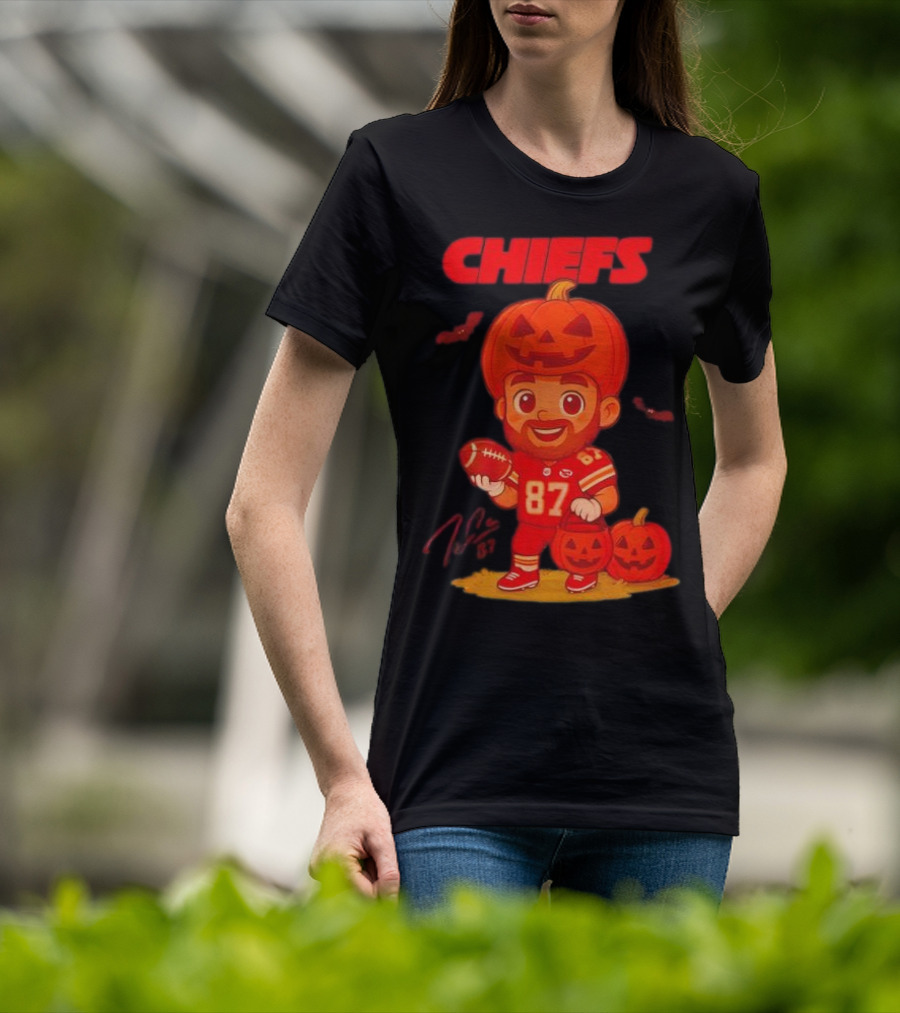 Travis Kelce Kansas City Chiefs Halloween 2025 Pumpkin Football Player Costume 87 T-Shirt