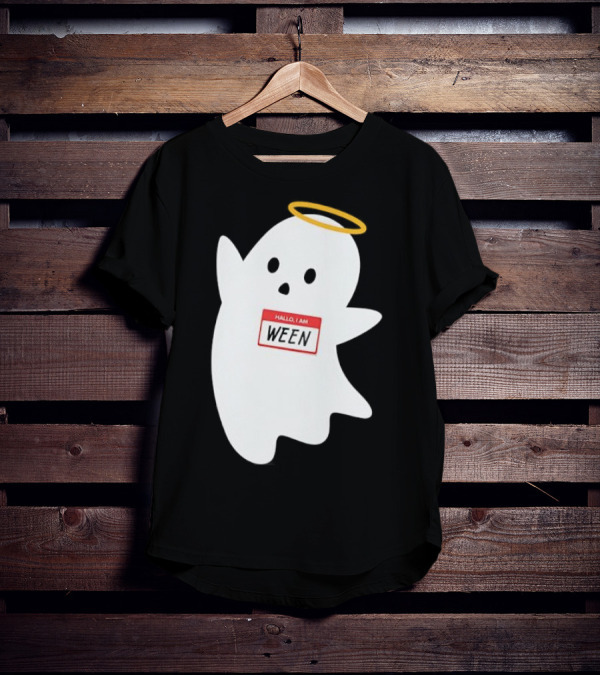 Hallo I Am Ween Ghost With Halo And Happy Halloween Name Tag T-Shirt