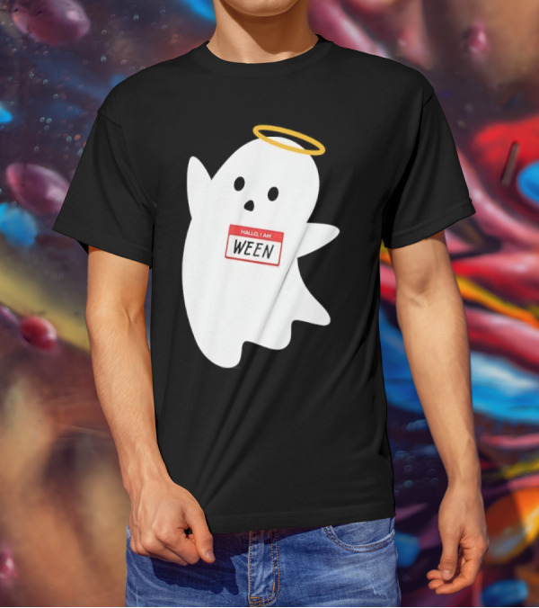 Hallo I Am Ween Ghost With Halo And Happy Halloween Name Tag T-Shirt
