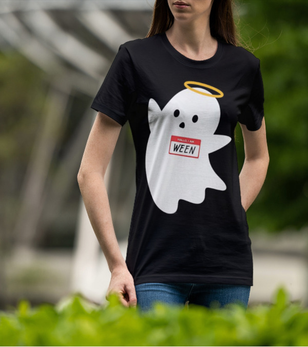 Hallo I Am Ween Ghost With Halo And Happy Halloween Name Tag T-Shirt