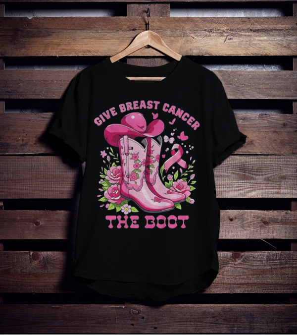 Vintage Pink Cowboy Boots Floral Breast Cancer Awareness T-Shirt