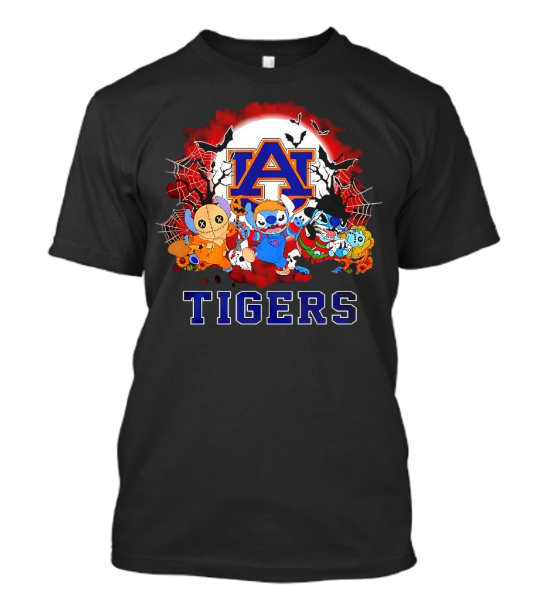 Lilo & Stitch Auburn Tigers Halloween Costumes With Spider Webs And Bats T-Shirt