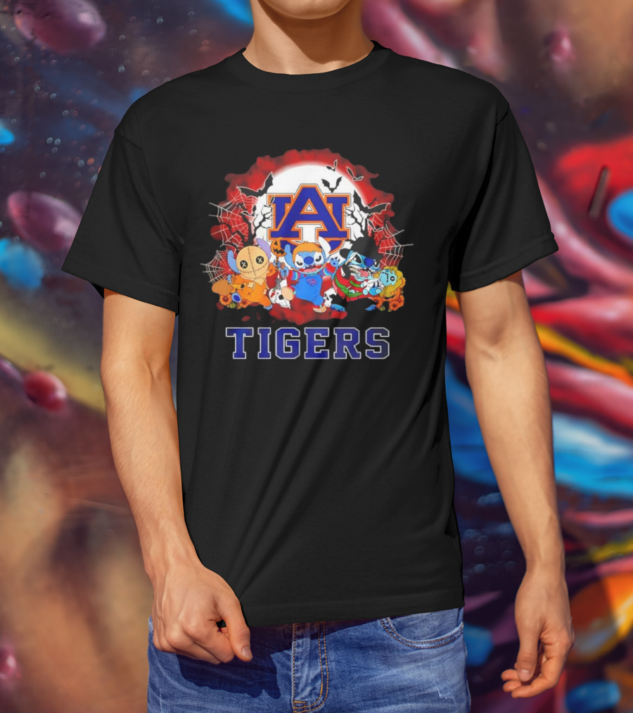 Lilo & Stitch Auburn Tigers Halloween Costumes With Spider Webs And Bats T-Shirt