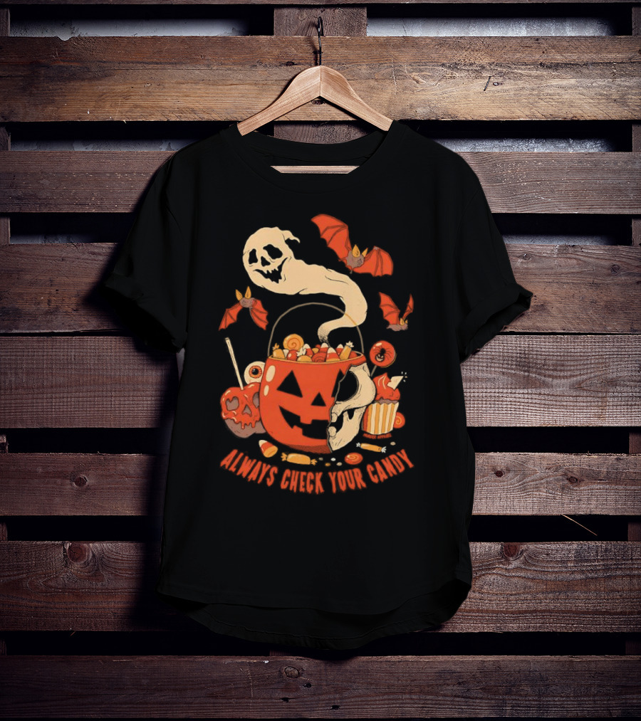 Halloween Always Check Your Candy Spooky Jack-O'-Lantern Ghost Bats And Sweets T-Shirt