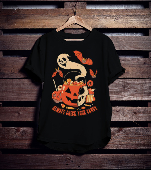 Halloween Always Check Your Candy Spooky Jack-O'-Lantern Ghost Bats And Sweets T-Shirt