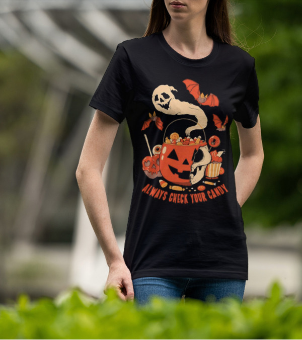 Halloween Always Check Your Candy Spooky Jack-O'-Lantern Ghost Bats And Sweets T-Shirt