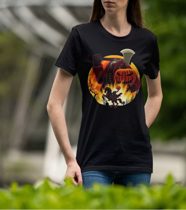 Headless Horseman Galloping Hessian Pumpkin Halloween Axe Rider T-Shirt