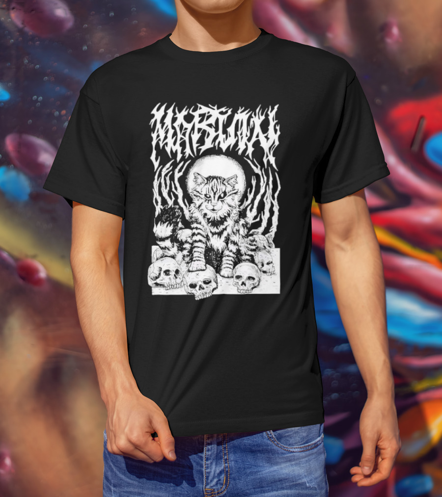 Metal Marvin Skull Cat By Beefaroni Flame Design T-Shirt