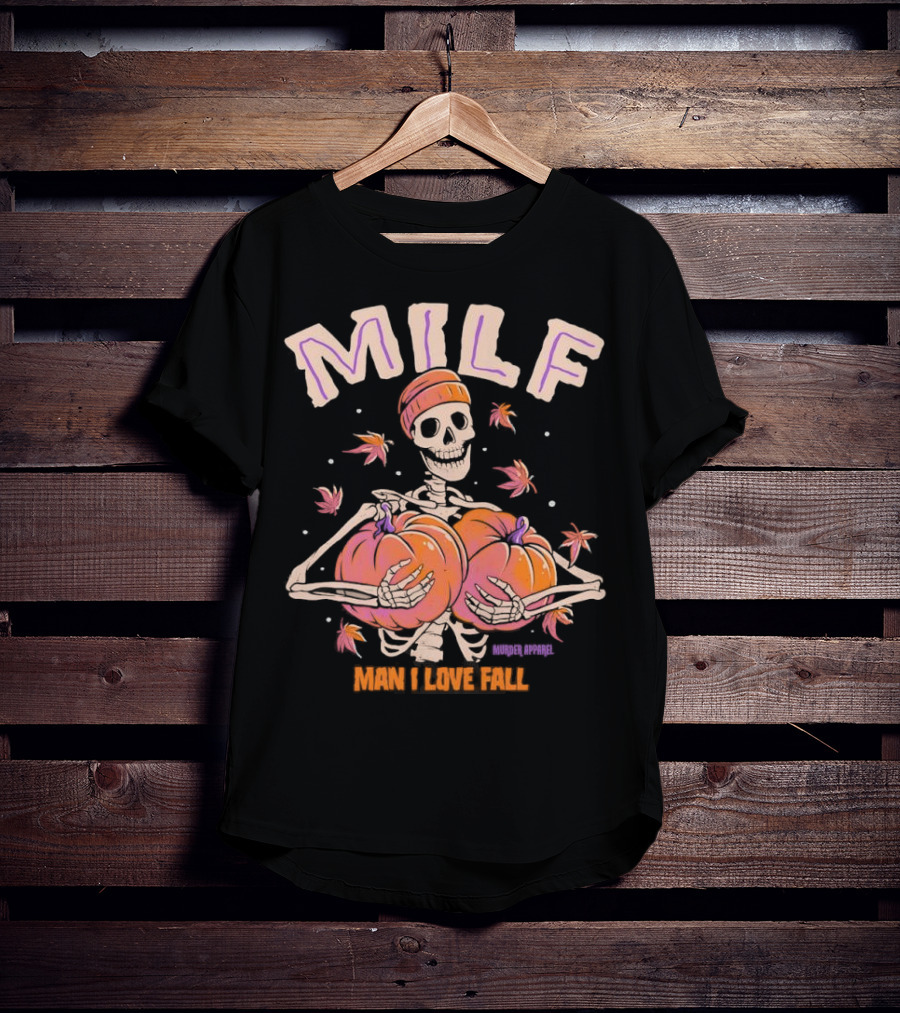 MILF Skeleton Man I Love Fall Pumpkins Leaves Vintage Halloween T-Shirt
