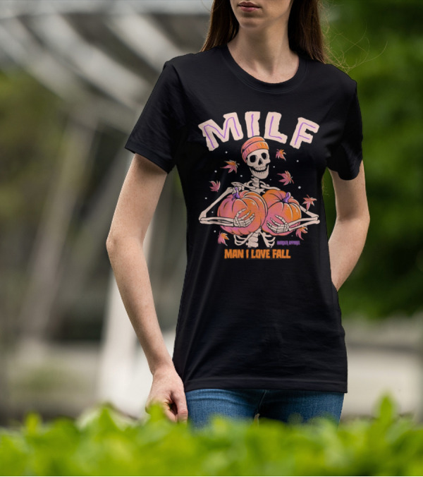 MILF Skeleton Man I Love Fall Pumpkins Leaves Vintage Halloween T-Shirt