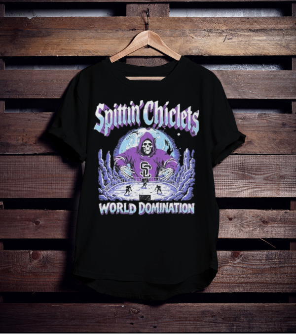 Spittin Chiclets Grim Reaper Hockey World Domination Moon T-Shirt