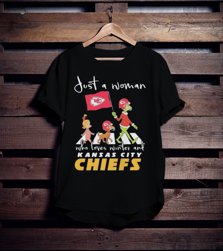 Just A Woman Who Loves Winter And Kansas City Chiefs Abbey Road T-Shirt