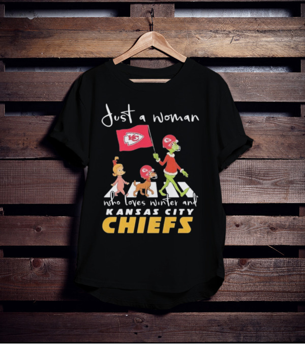 Just A Woman Who Loves Winter And Kansas City Chiefs Abbey Road T-Shirt