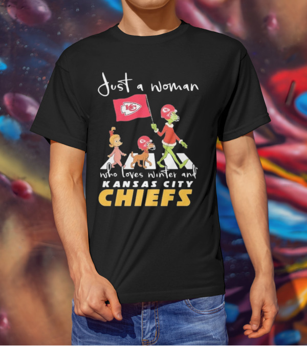 Just A Woman Who Loves Winter And Kansas City Chiefs Abbey Road T-Shirt