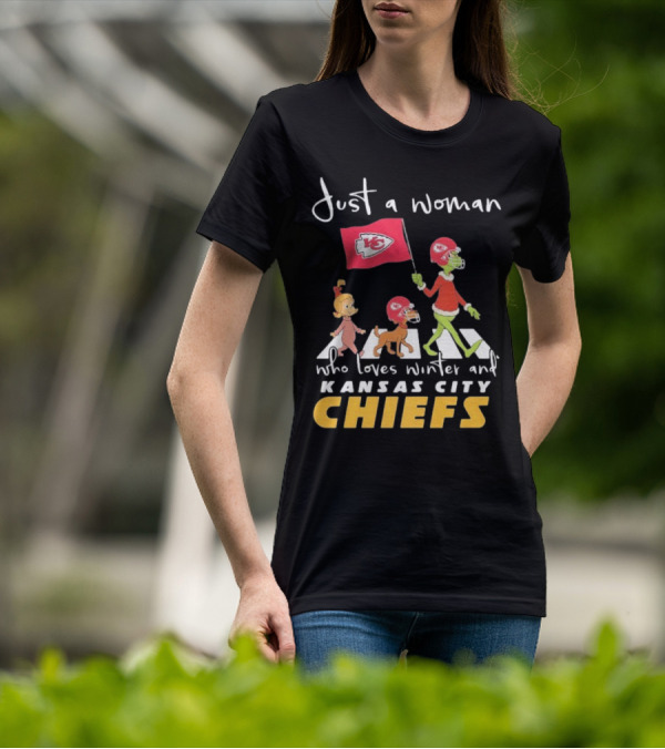 Just A Woman Who Loves Winter And Kansas City Chiefs Abbey Road T-Shirt