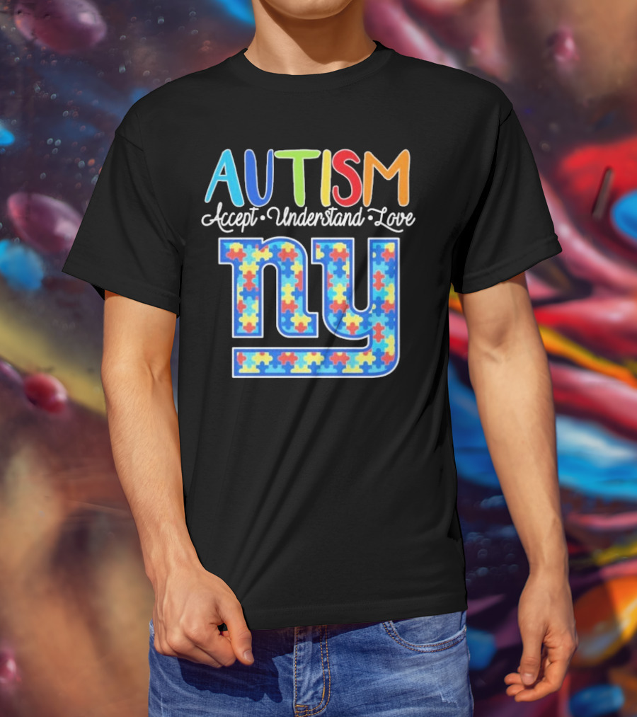 Autism Accept Understand Love NY Giants Puzzle Piece Pattern T-Shirt