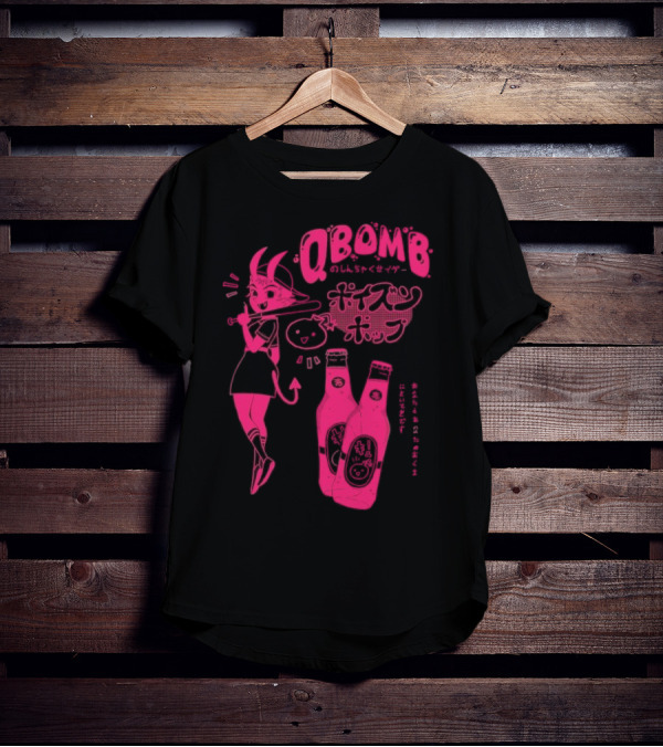 Qbomb Poison Pop Anime Demon Girl Japanese Text Retro Soda Bottles T-Shirt