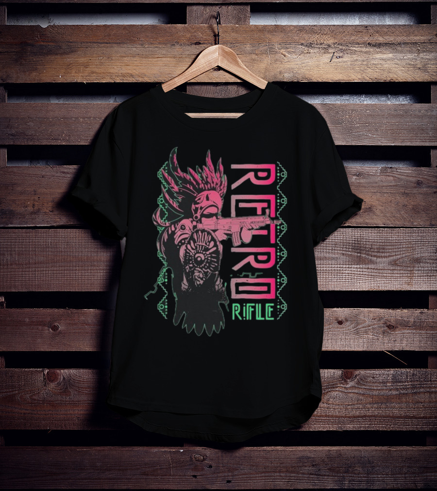 Retro Rifle Aztec Warrior Art Green Pink Feather Pattern T-Shirt