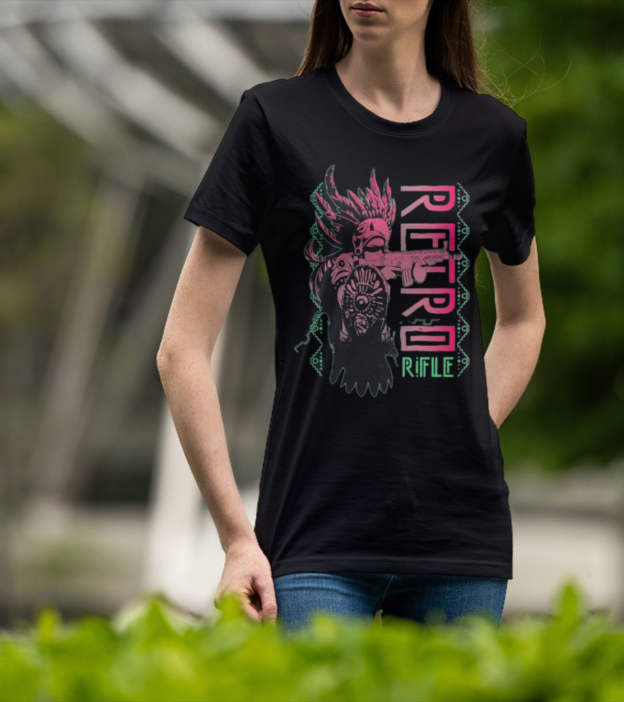 Retro Rifle Aztec Warrior Art Green Pink Feather Pattern T-Shirt
