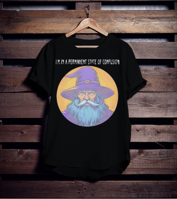 Wizard Magic I'm In A Permanent State Of Confusion Purple Hat Mystic Illustration T-Shirt