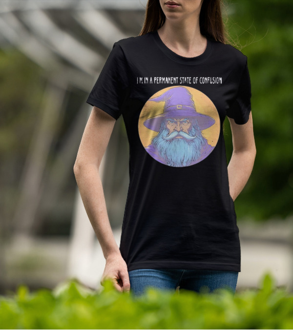 Wizard Magic I'm In A Permanent State Of Confusion Purple Hat Mystic Illustration T-Shirt