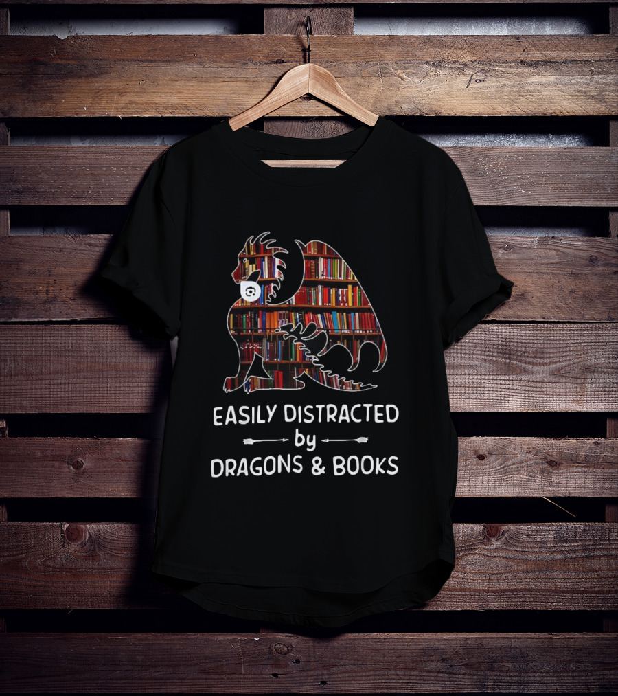 Easily Distracted By Dragons & Books Library Collage T-Shirt
