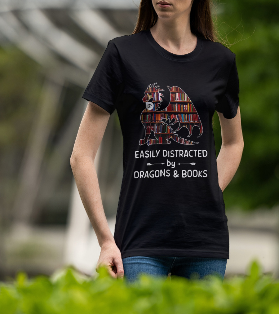Easily Distracted By Dragons & Books Library Collage T-Shirt