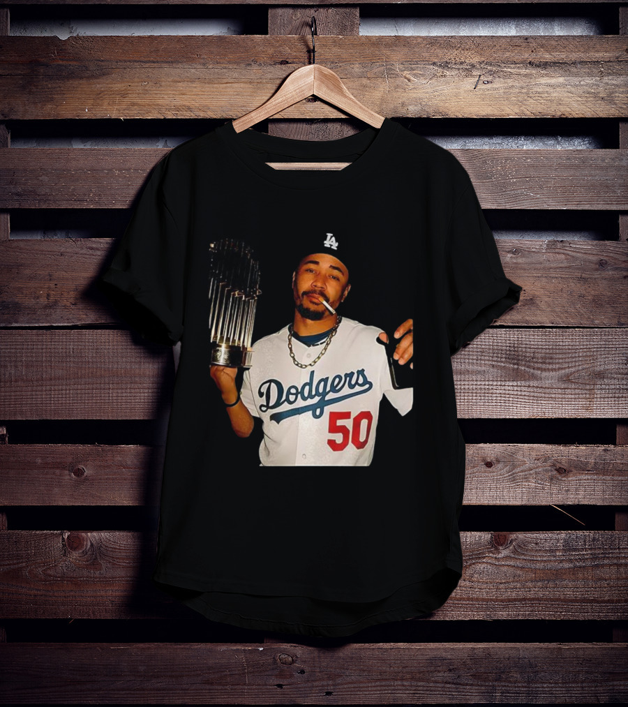 Mookie Betts Dodgers 2025 World Series Champions Celebration Smoking Topps T-Shirt