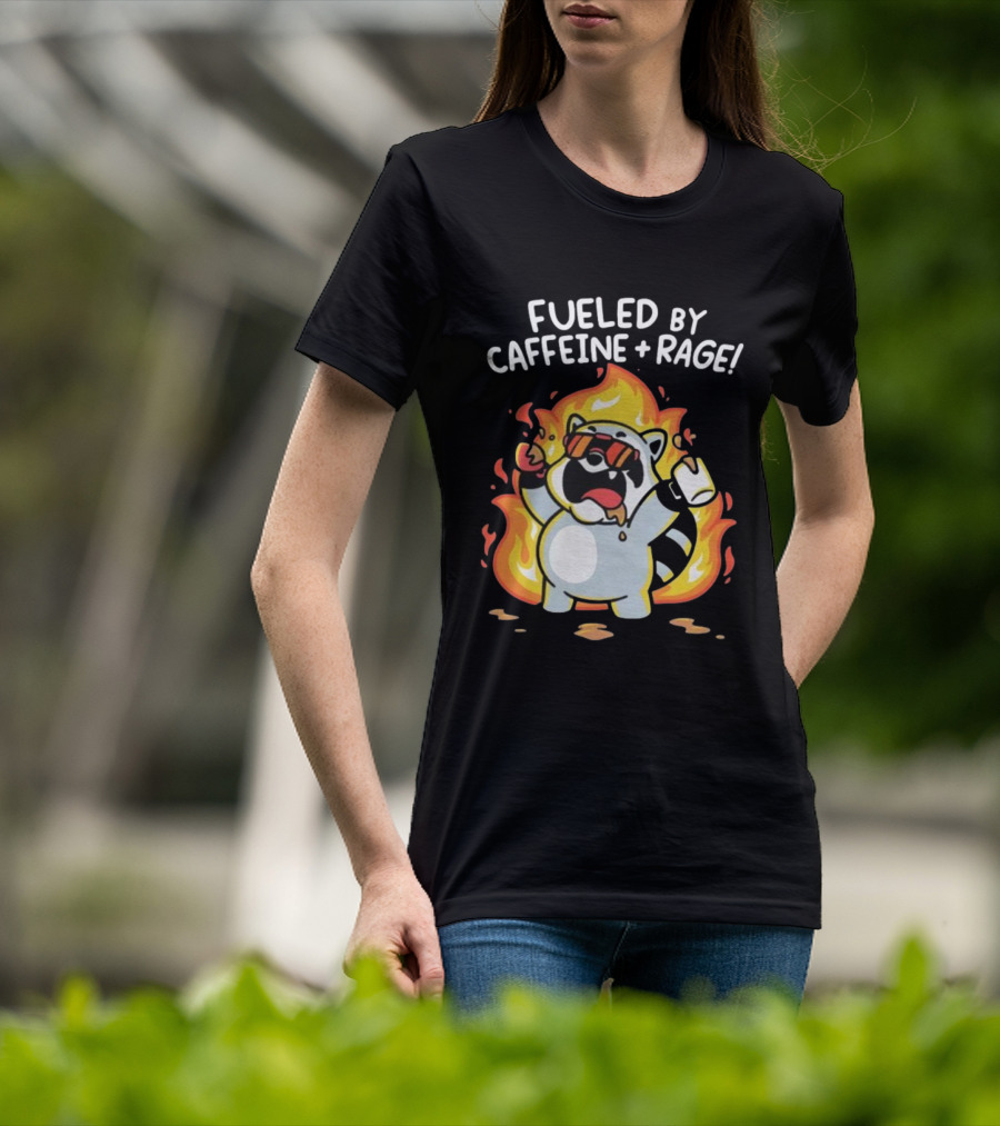Fueled By Caffeine And Rage Raccoon Fire Cartoon Coffee T-Shirt