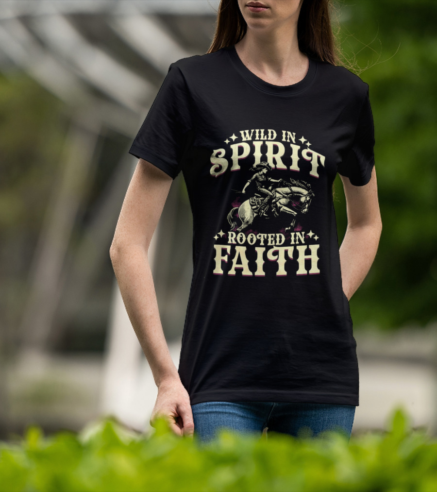 Cowgirl Wild In Spirit Rooted In Faith Equestrian Rider With Horse Western Theme T-Shirt