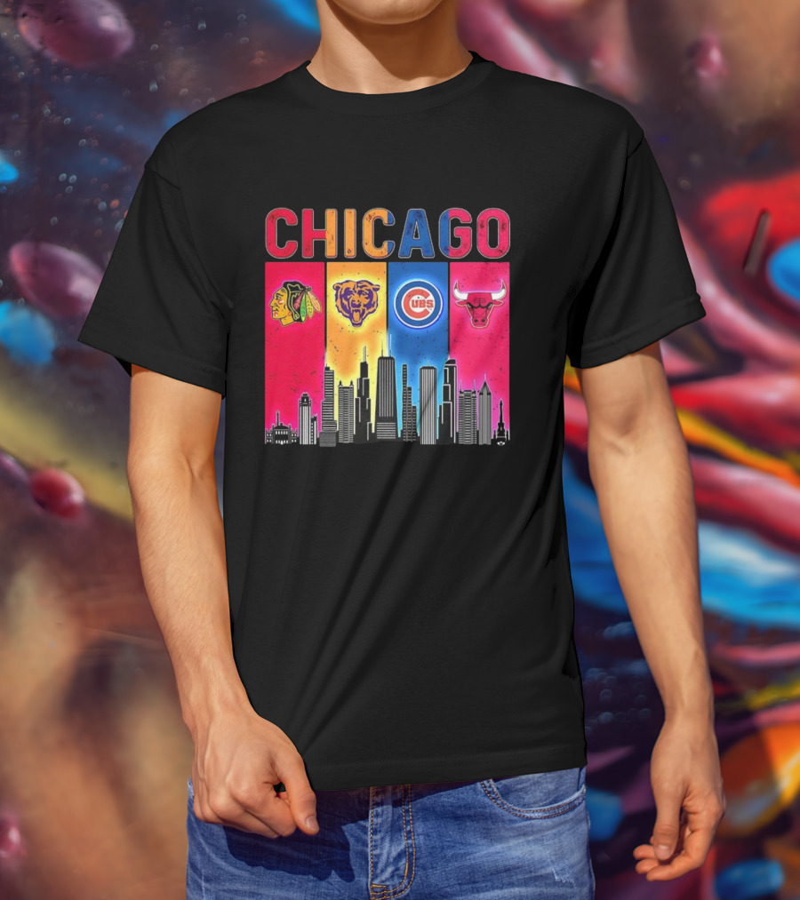 Chicago Blackhawks Bears Cubs Bulls Skyline T-Shirt
