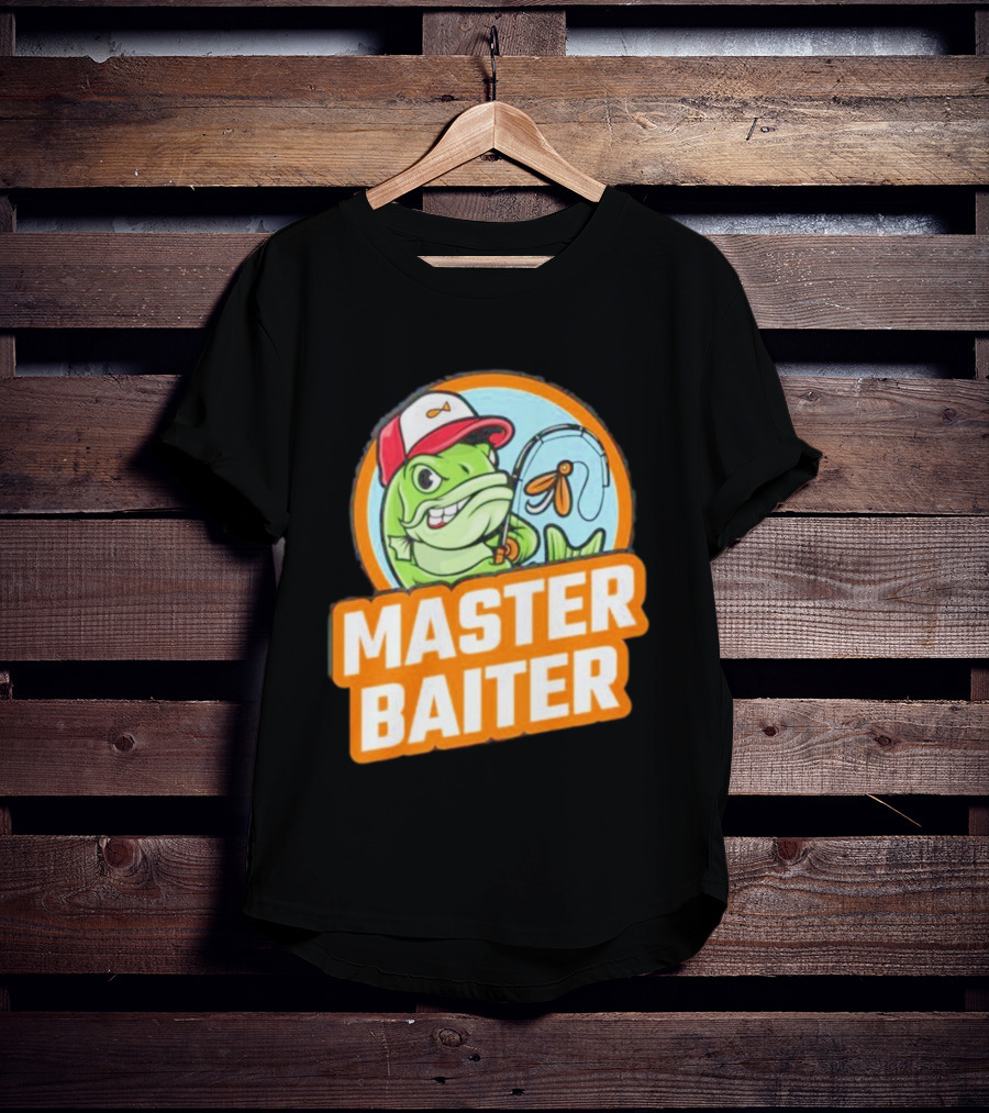 Master Baiter Fishing Cartoon Fish With Red Cap And Fishing Rod T-Shirt