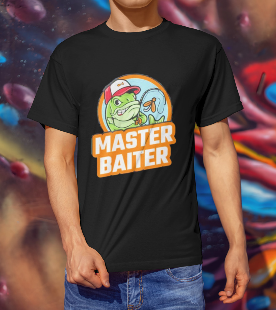 Master Baiter Fishing Cartoon Fish With Red Cap And Fishing Rod T-Shirt