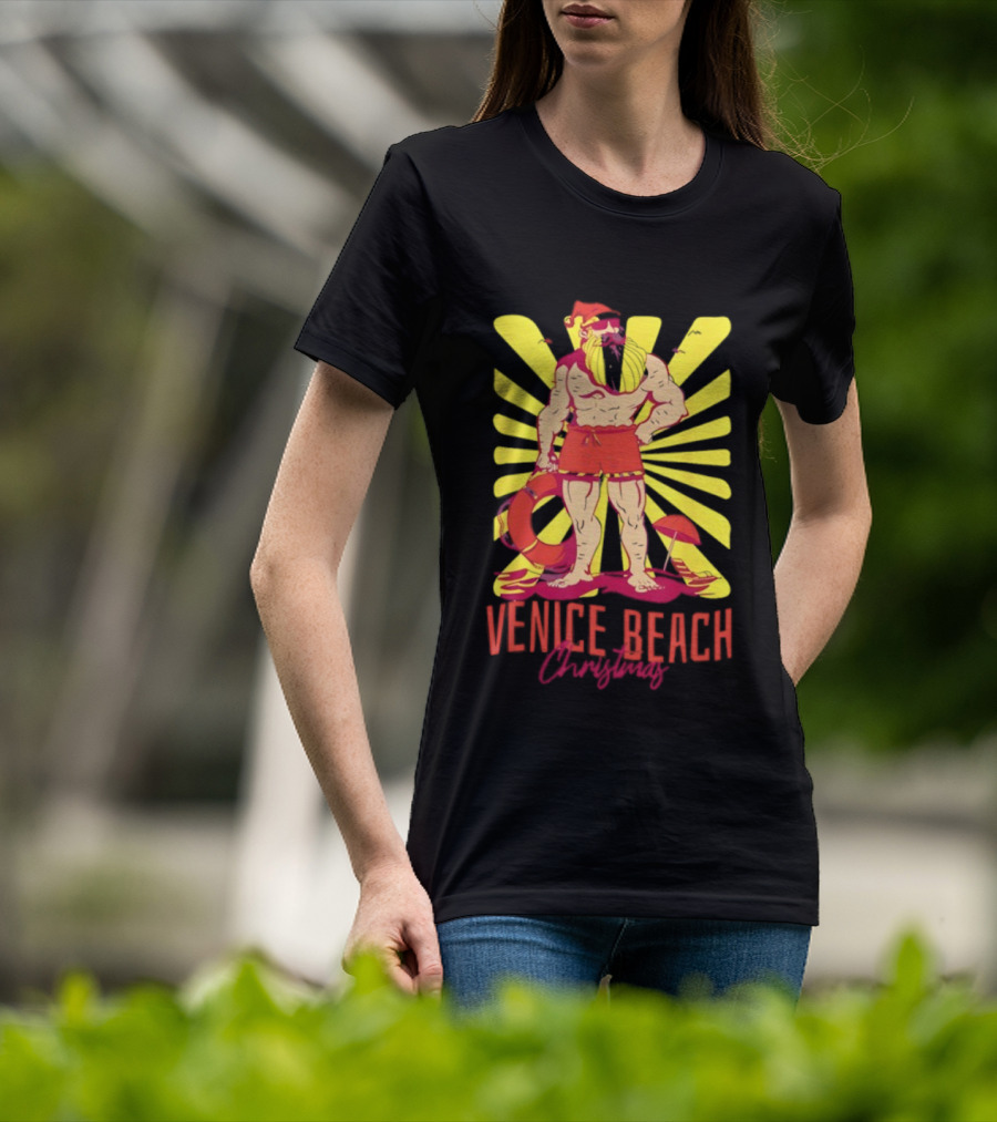Venice Beach Christmas Lifeguard Santa Sunburst T-Shirt