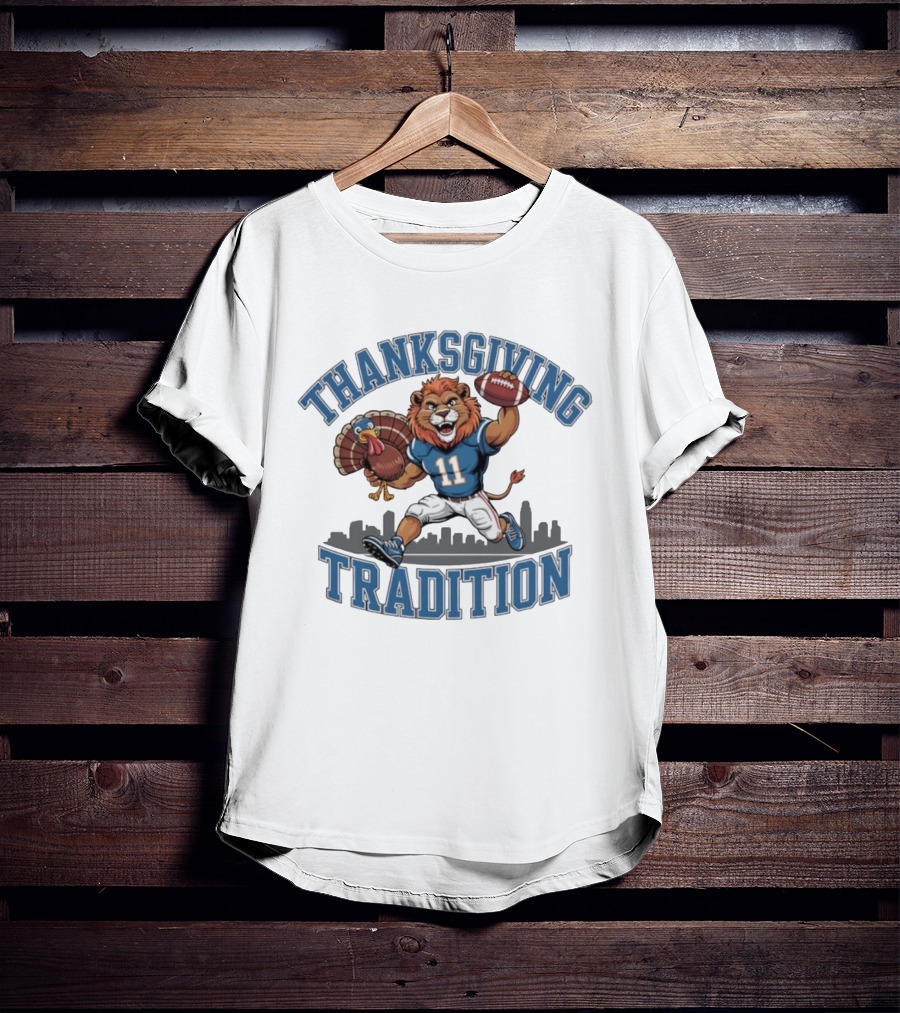 Thanksgiving Tradition Detroit Lions Football Mascot Number 11 Iconic Game Day Skyline T-Shirt