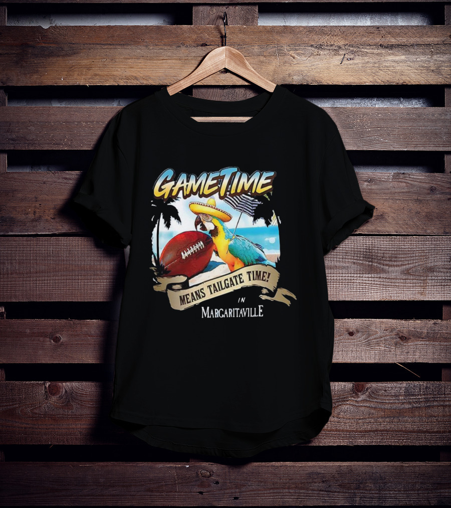 Game Time Means Tailgate Time In Margaritaville Football Parrot Beach Scene T-Shirt