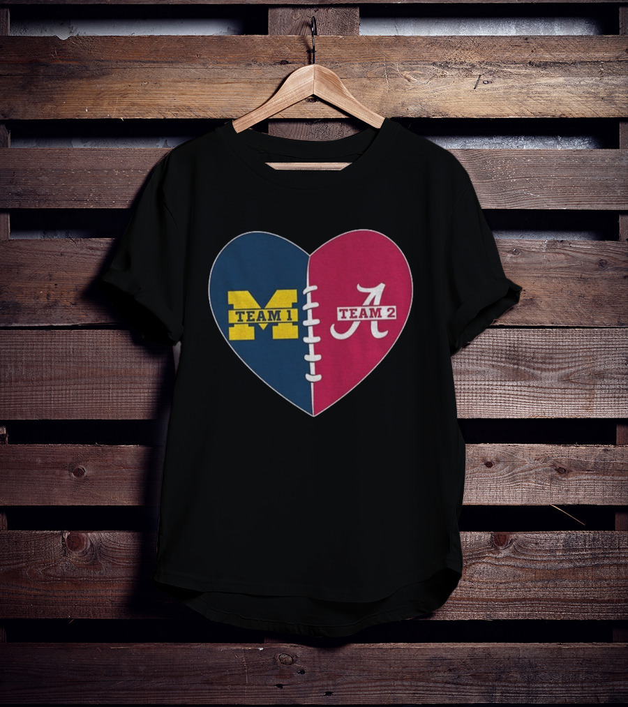 Heart Divided Michigan Wolverines Team 1 Vs Alabama Crimson Tide Team 2 T-Shirt