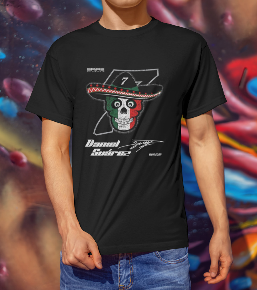 Daniel Suarez 7 Signature Skull Sombrero Spire Motorsports NASCAR T-Shirt