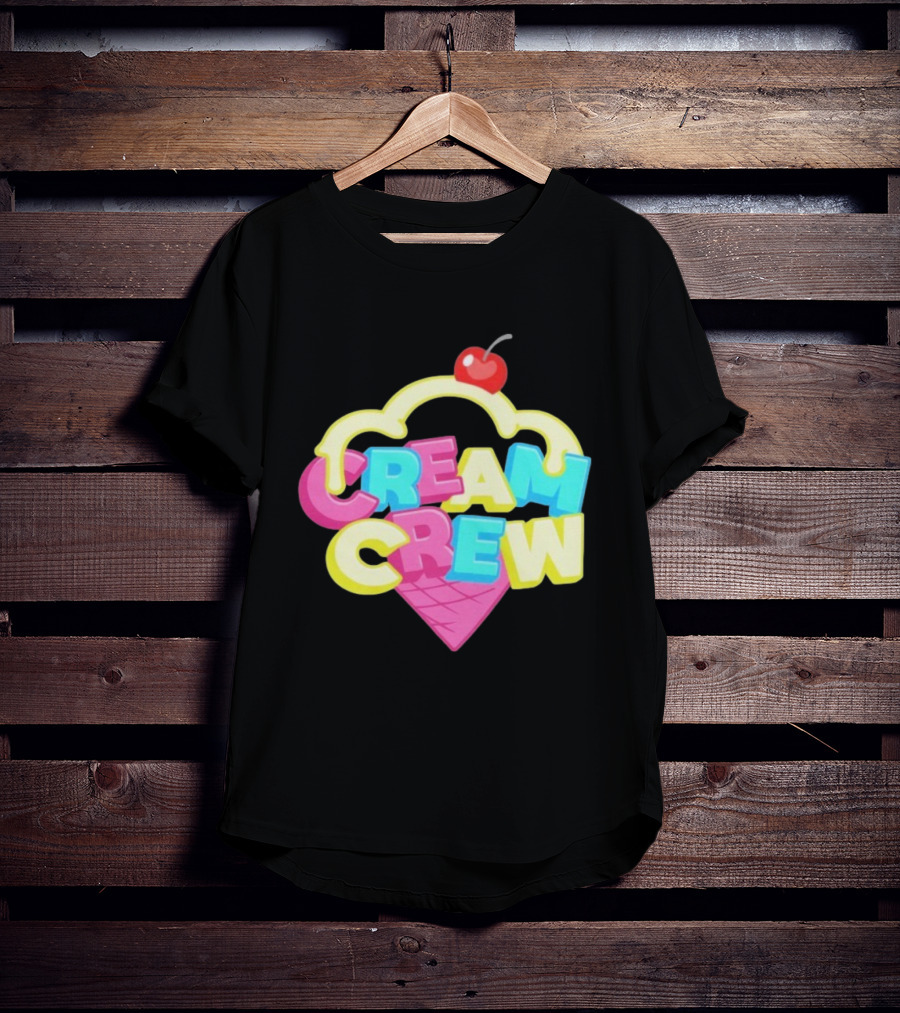 CREAM CREW Ice Cream Cone Cherry Top Colorful Text T-Shirt