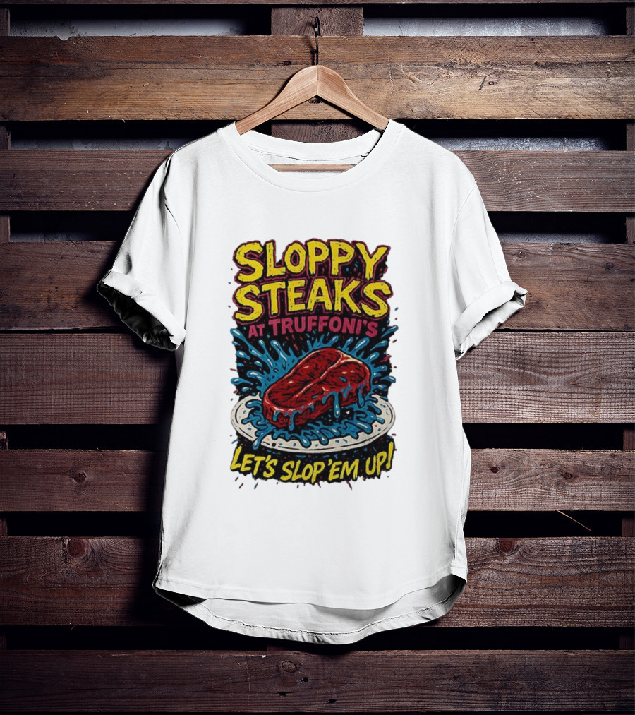 Sloppy Steaks At Truffoni’s Let’s Slop ’Em Up Steak Splash T-Shirt