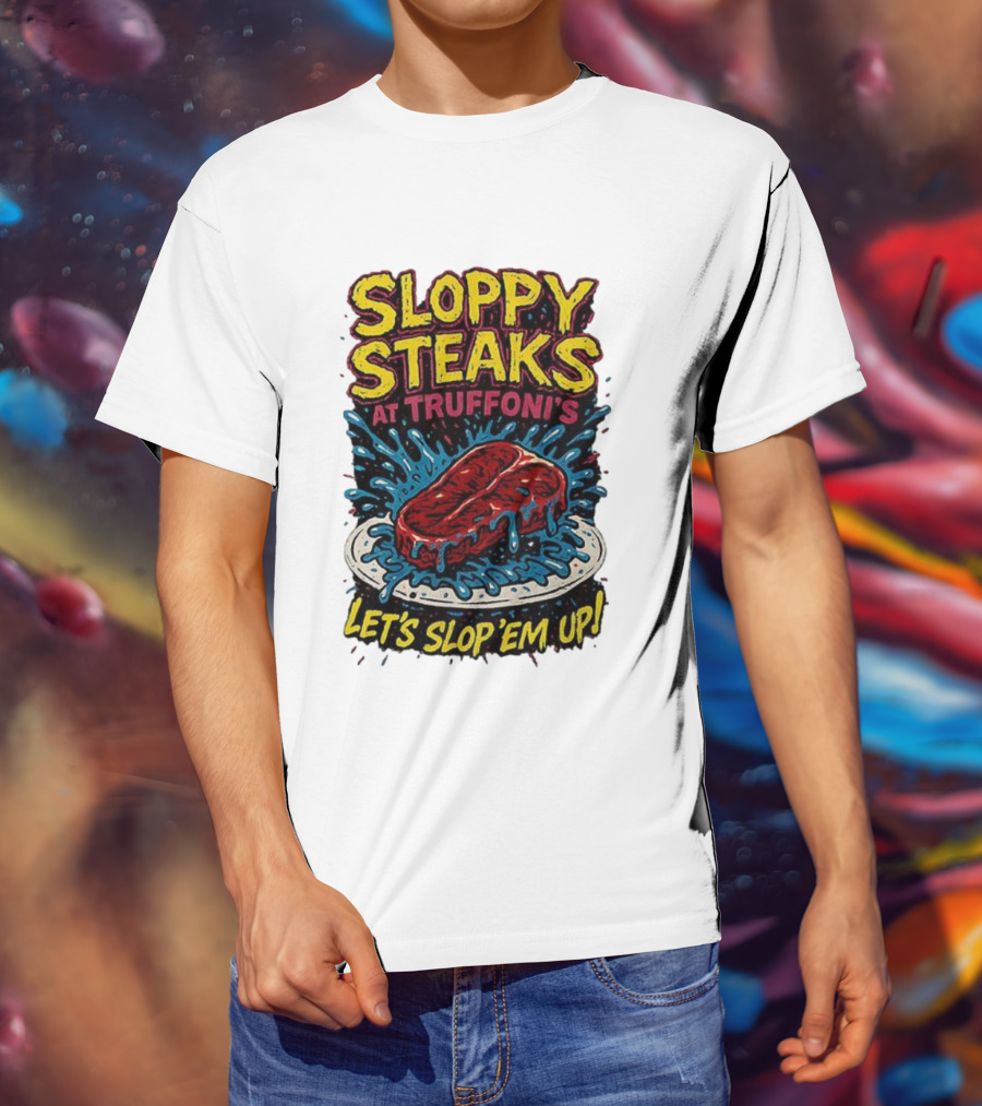 Sloppy Steaks At Truffoni’s Let’s Slop ’Em Up Steak Splash T-Shirt