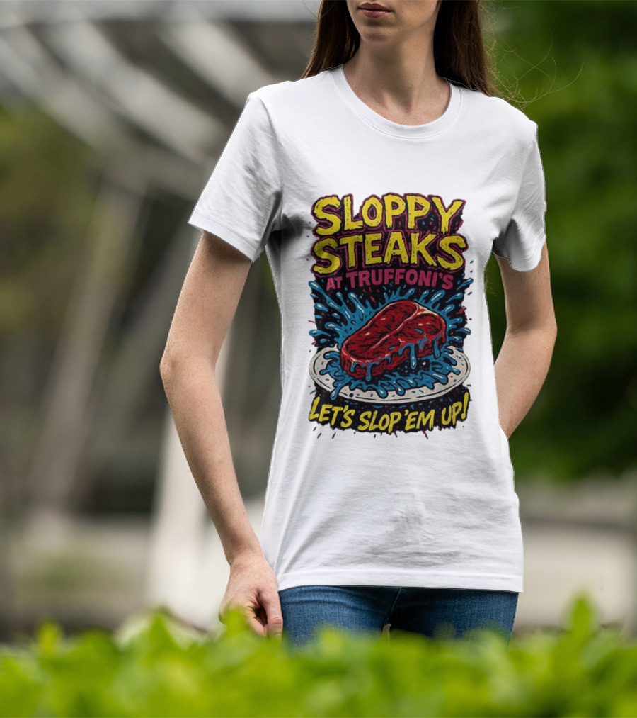 Sloppy Steaks At Truffoni’s Let’s Slop ’Em Up Steak Splash T-Shirt