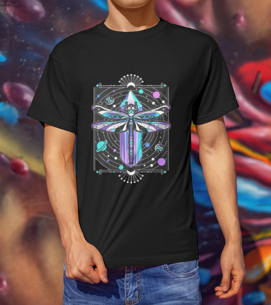 Inzo Soft Landing Psychedelic Dragonfly Crystal Space Planets T-Shirt