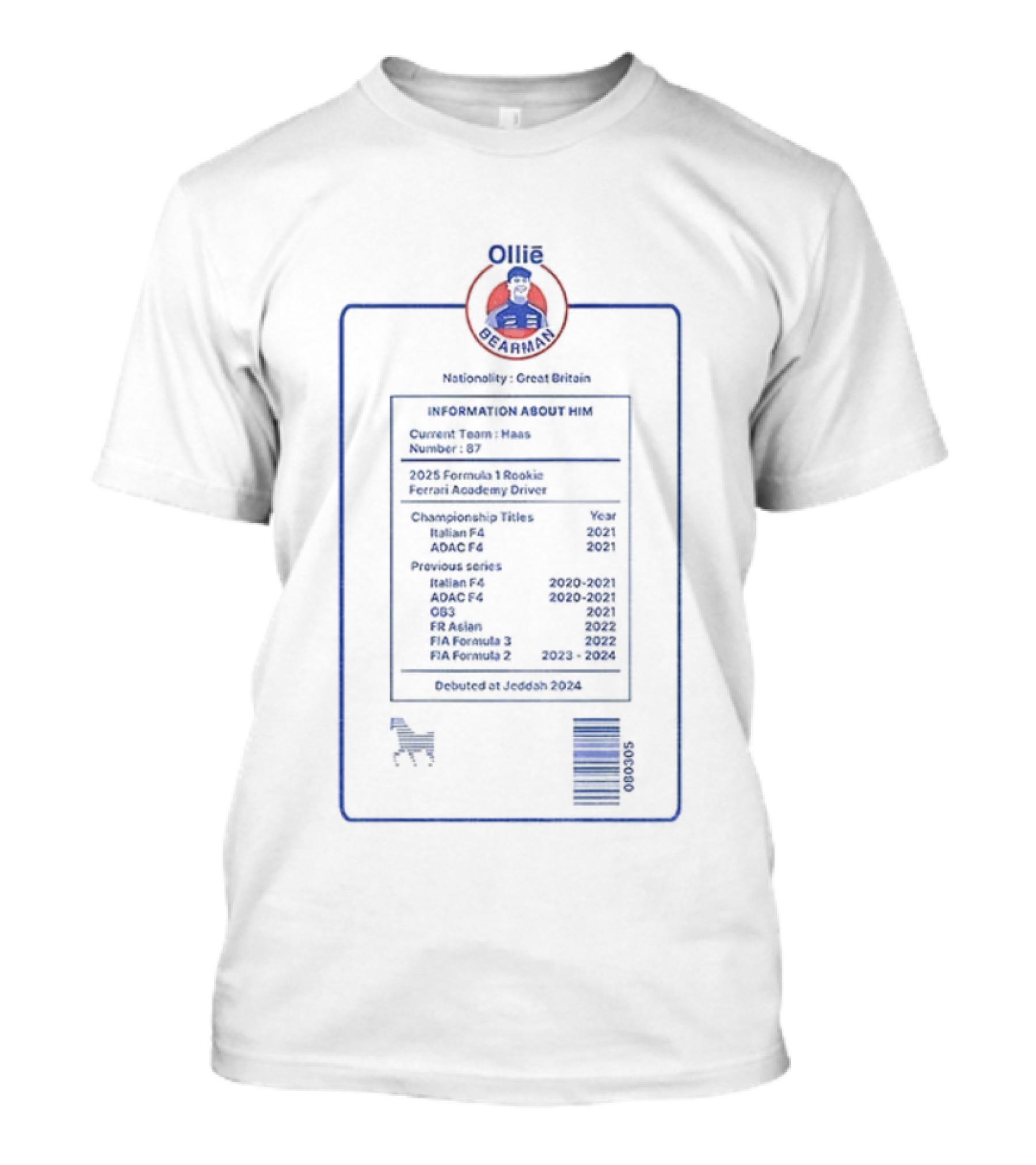 Ollie Bearman Prema Racing Great Britain F1 Racing Information T-Shirt