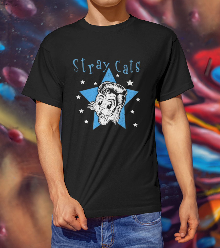 Stray Cats Rockabilly Star Cartoon Face With Blue Star T-Shirt