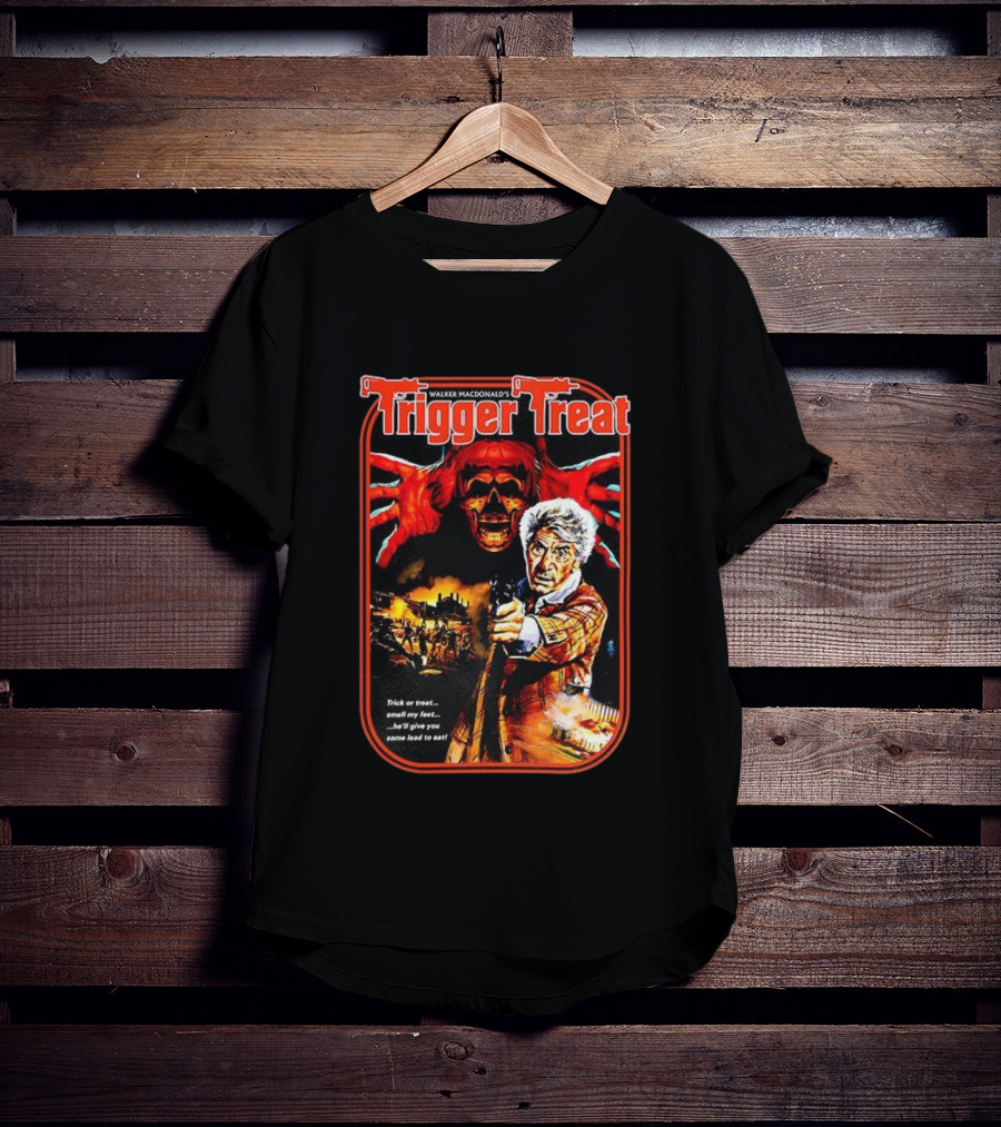 Walker Macdonald’s Trigger Treat Trick Or Treat Horror Skull And Shooter Scene T-Shirt