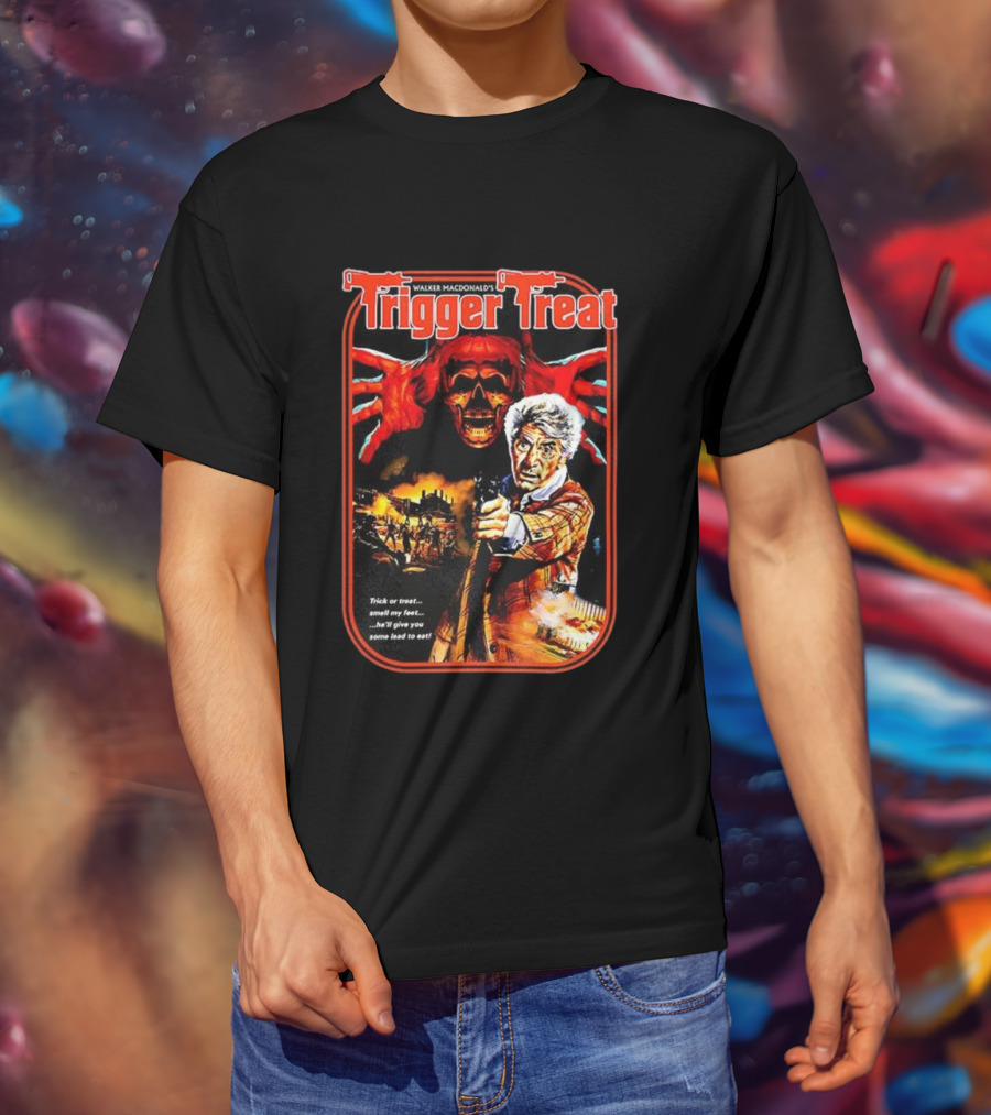 Walker Macdonald’s Trigger Treat Trick Or Treat Horror Skull And Shooter Scene T-Shirt